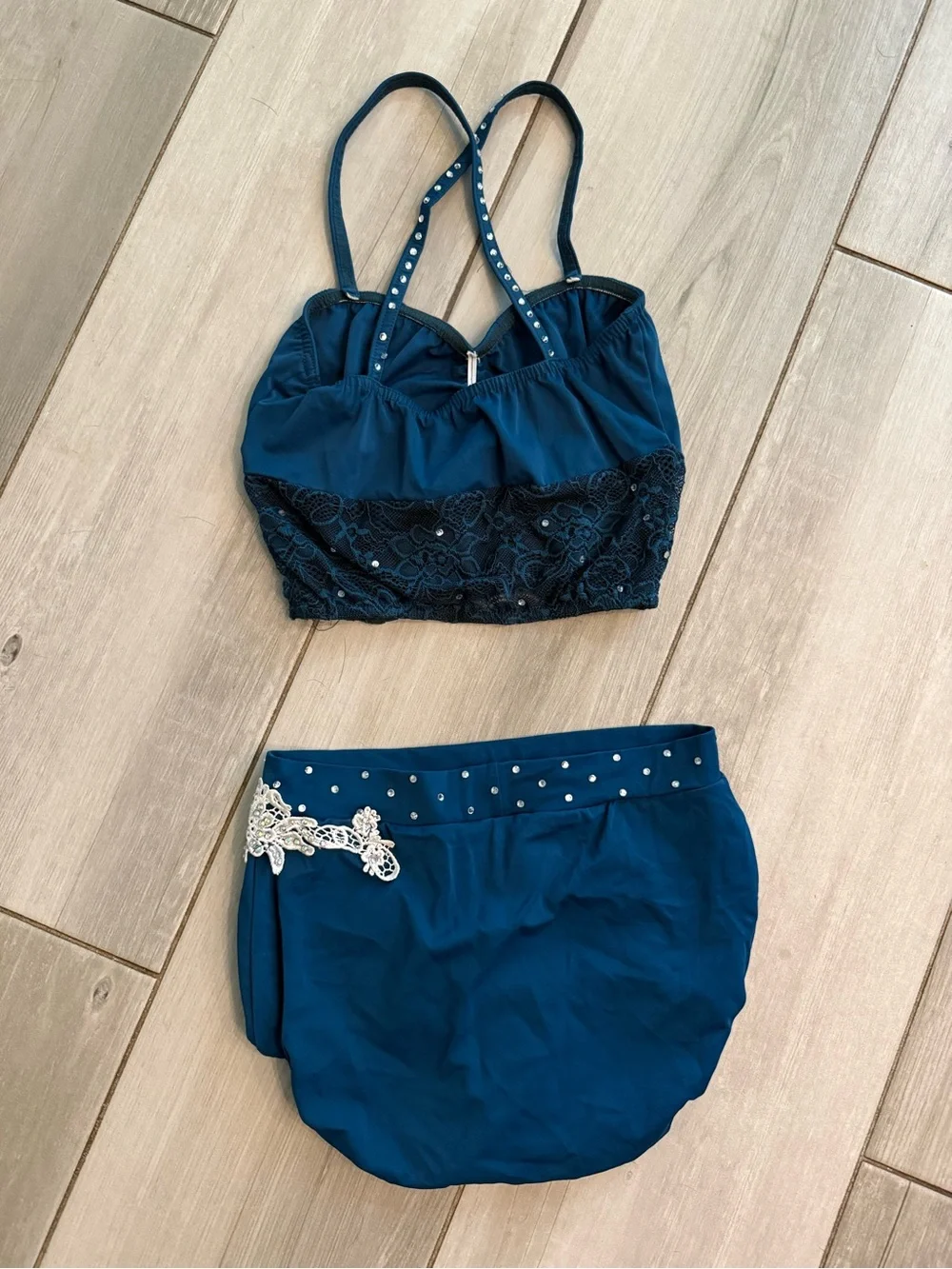 Teal Two-Piece Dance Costume Set with Lace & Rhinestones